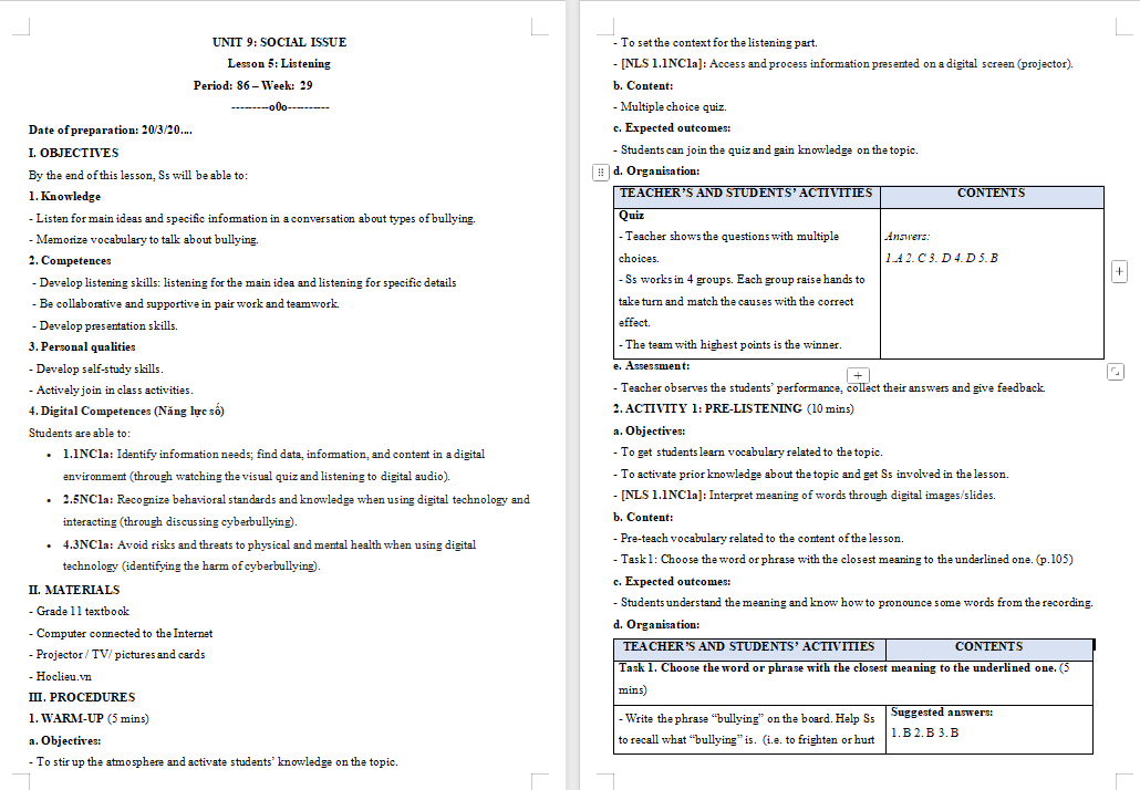 Tiếng Anh 11 Unit 9: Listening
