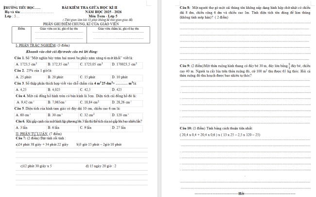 Đề thi giữa học kì 2 môn Toán 5 Cánh diều