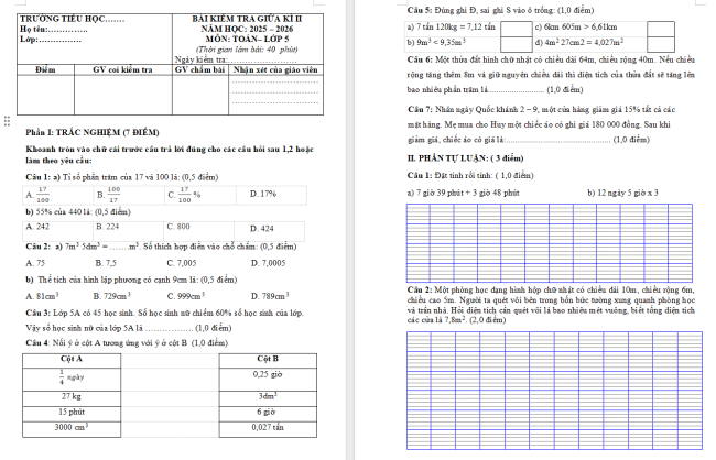 Đề thi giữa học kì 2 môn Toán 5 Chân trời sáng tạo