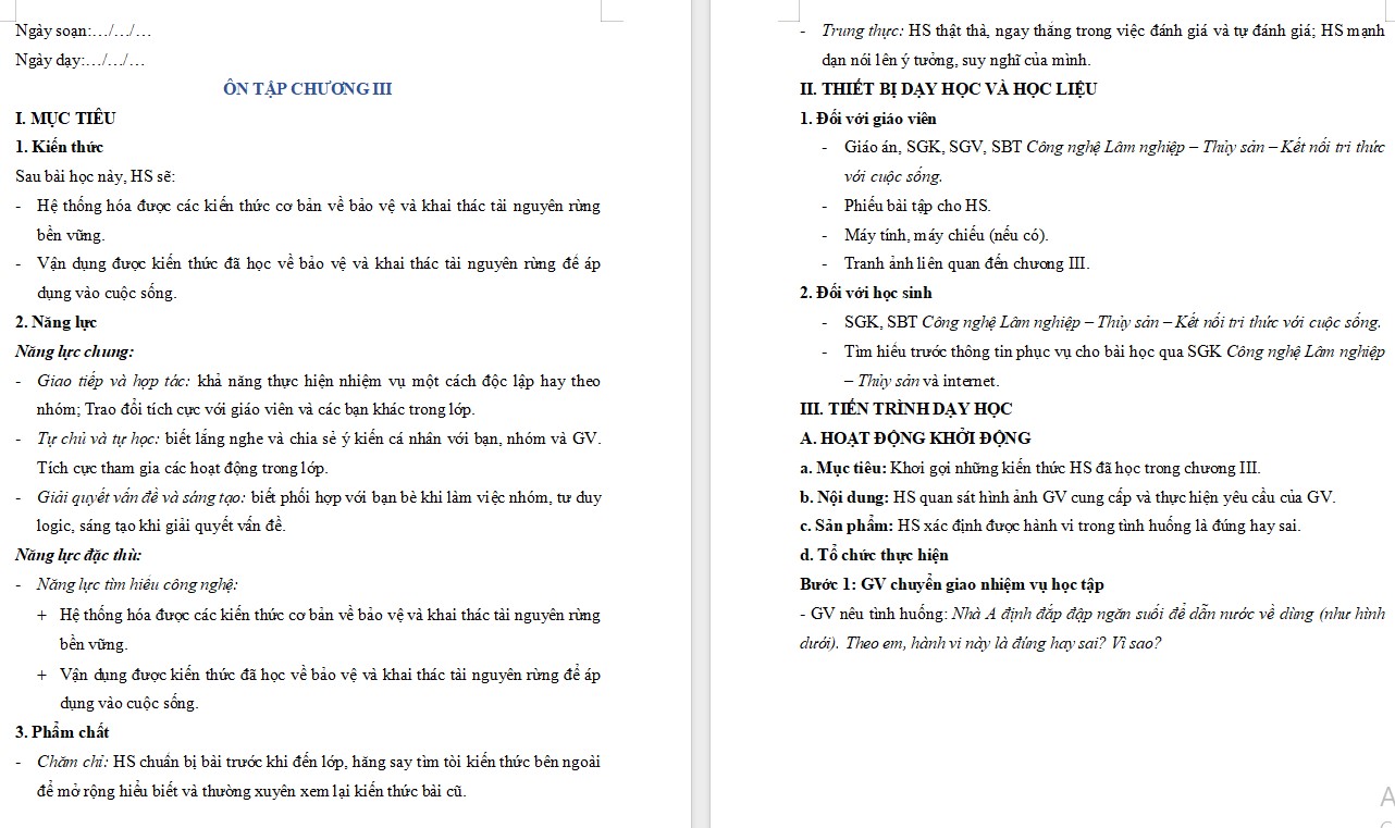 Kế hoạch bài dạy Bài Ôn tập chương 3 Công nghệ 12 KNTT