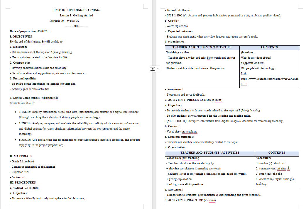 KHBD Tiếng Anh 12 Unit 10: Getting Started