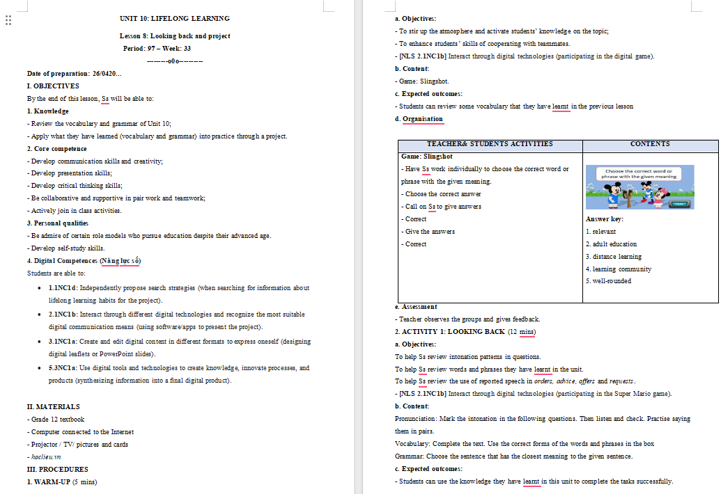 KHBD Tiếng Anh 12 Unit 10: Looking Back