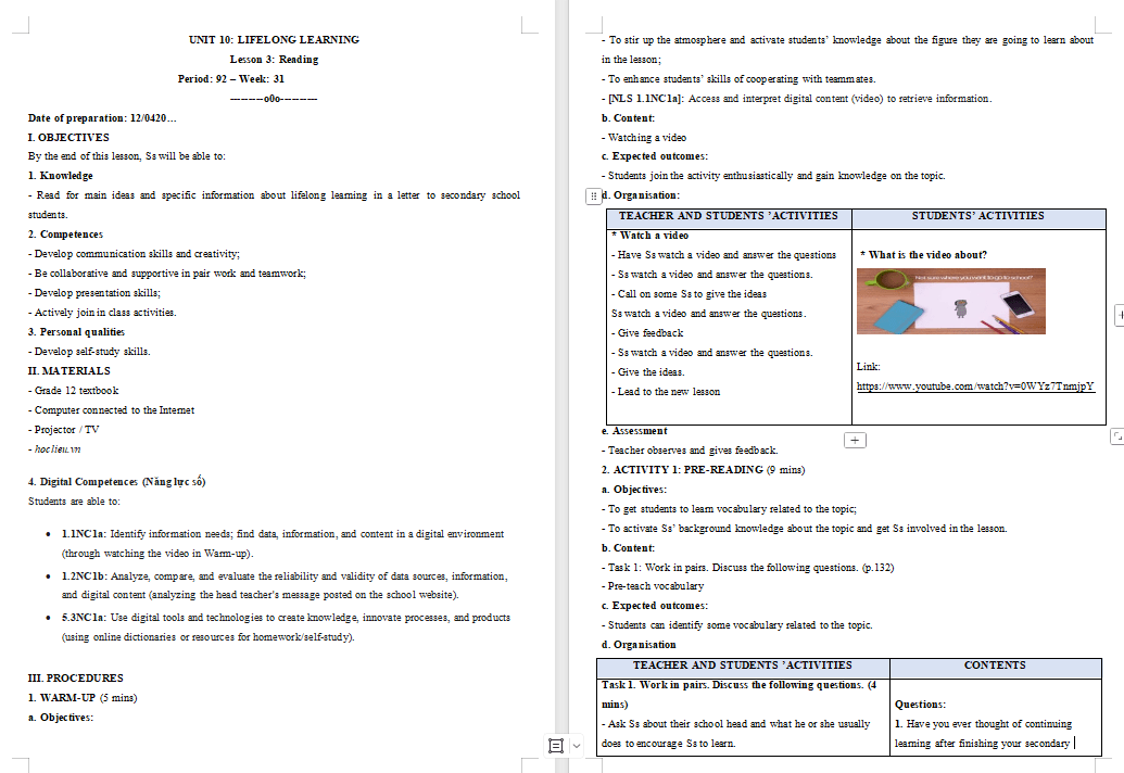 KHBD Tiếng Anh 12 Unit 10: Reading