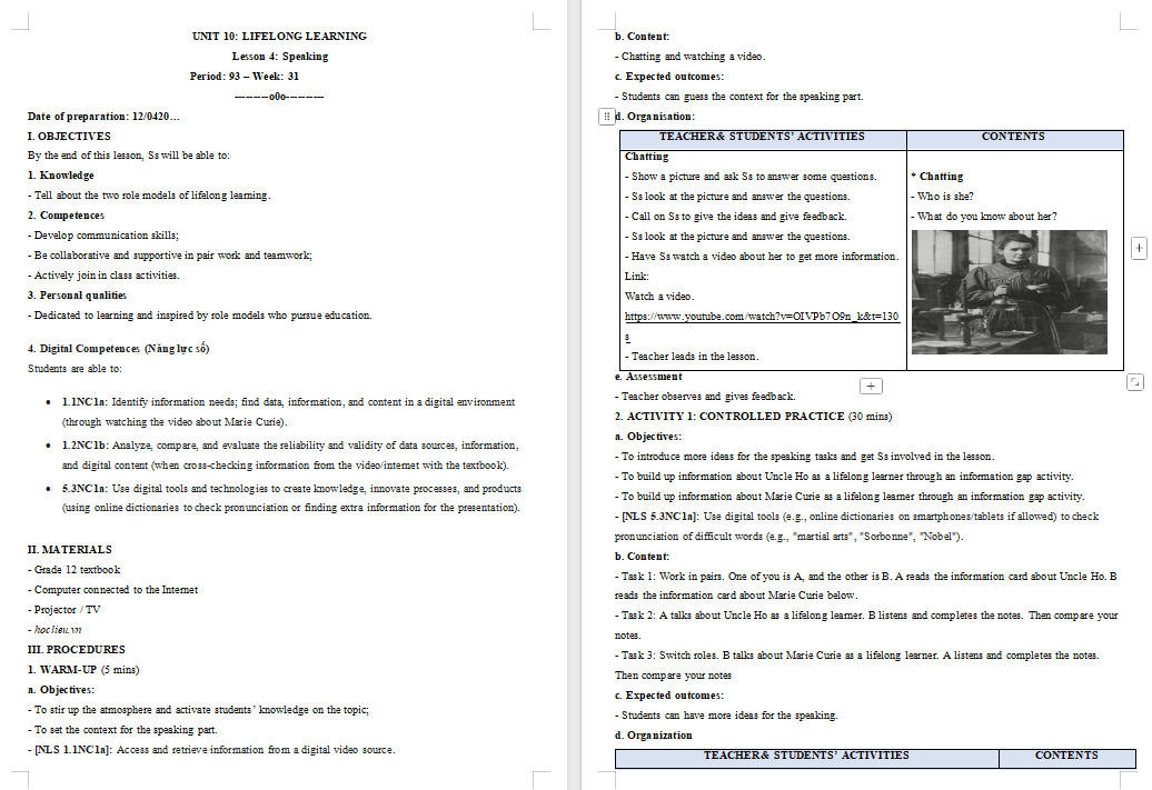 KHBD Tiếng Anh 12 Unit 10: Speaking