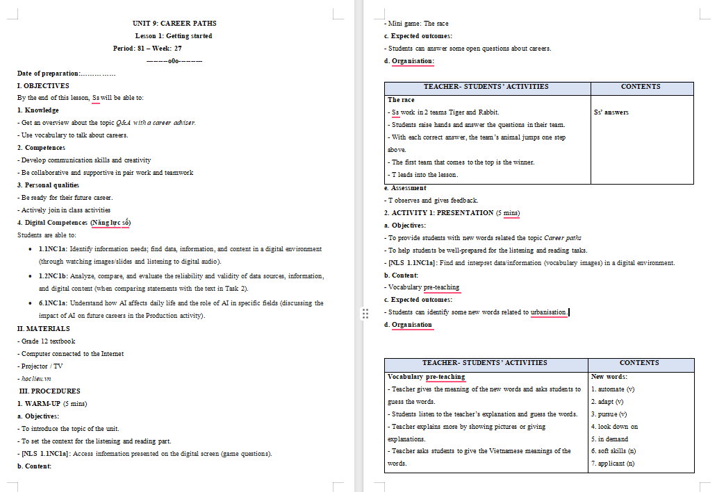 KHBD Tiếng Anh 12 Unit 9: Getting Started