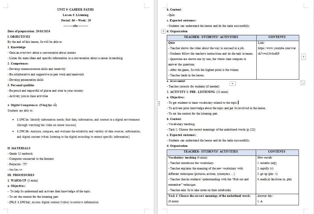 KHBD Tiếng Anh 12 Unit 9: Listening