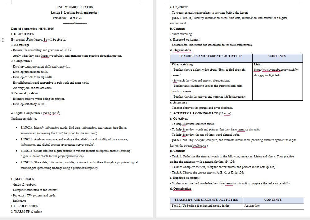 KHBD Tiếng Anh 12 Unit 9: Looking Back