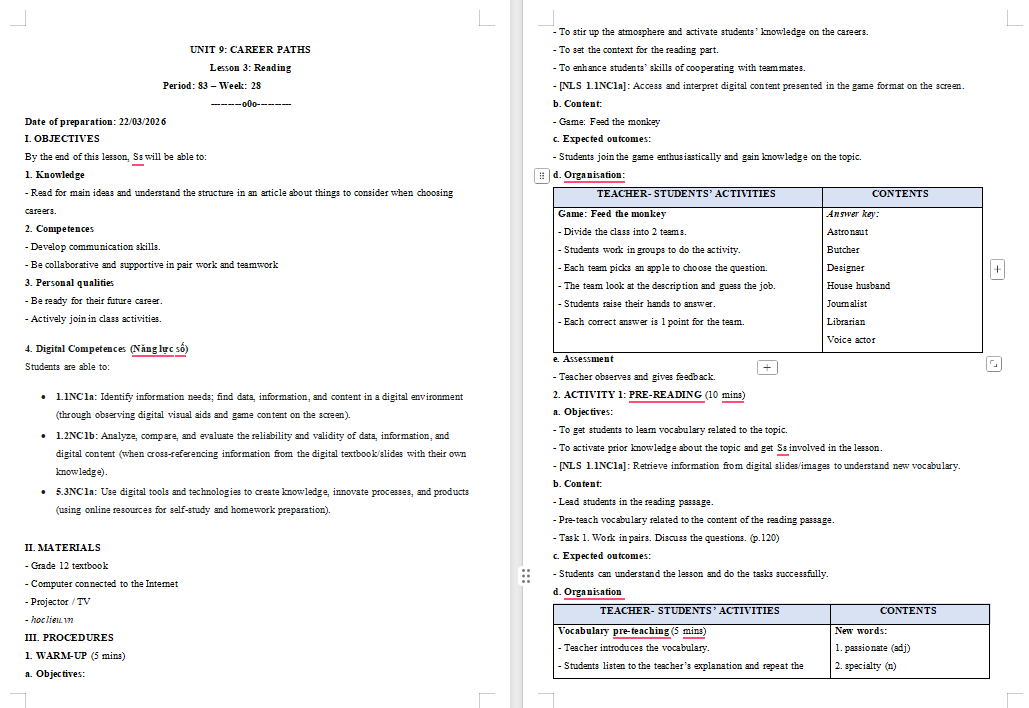 KHBD Tiếng Anh 12 Unit 9: Reading 