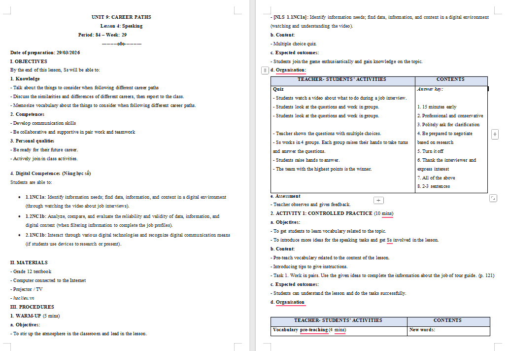 KHBD Tiếng Anh 12 Unit 9: Speaking