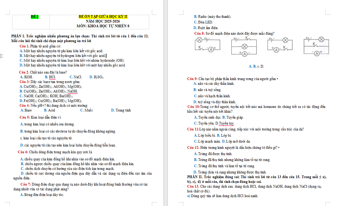 Đề ôn tập giữa học kì 2 Khoa học tự nhiên 8
