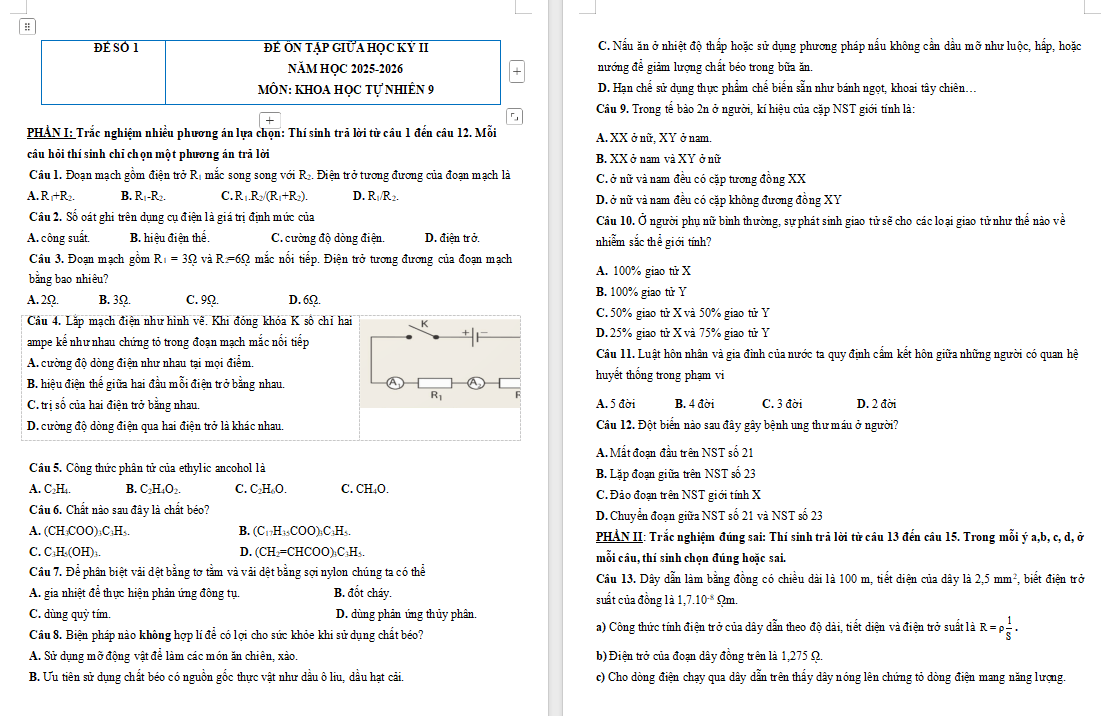 Đề ôn tập giữa học kì 2 Khoa học tự nhiên 9 