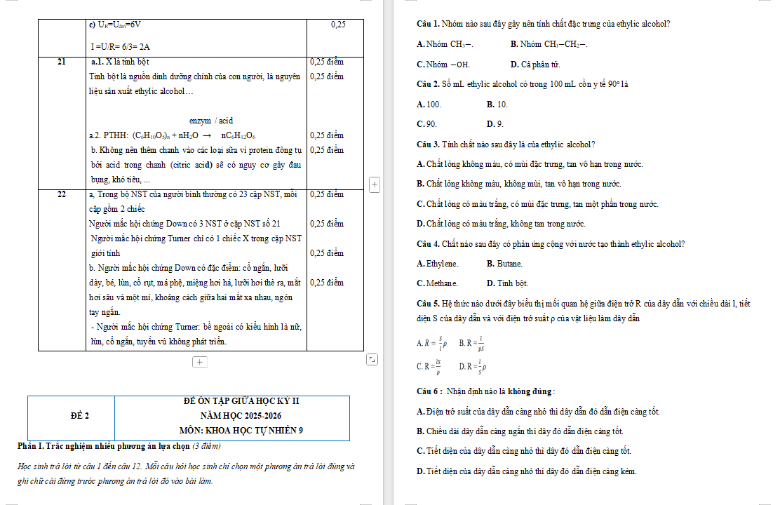 Đề ôn tập giữa học kì 2 Khoa học tự nhiên 9 