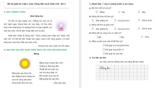 Đề thi giữa học kì 2 môn Tiếng Việt lớp 1 Chân trời sáng tạo