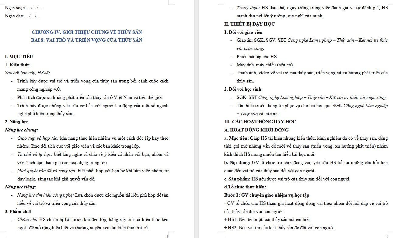 Kế hoạch bài dạy Công nghệ 12 KNTT Bài 8