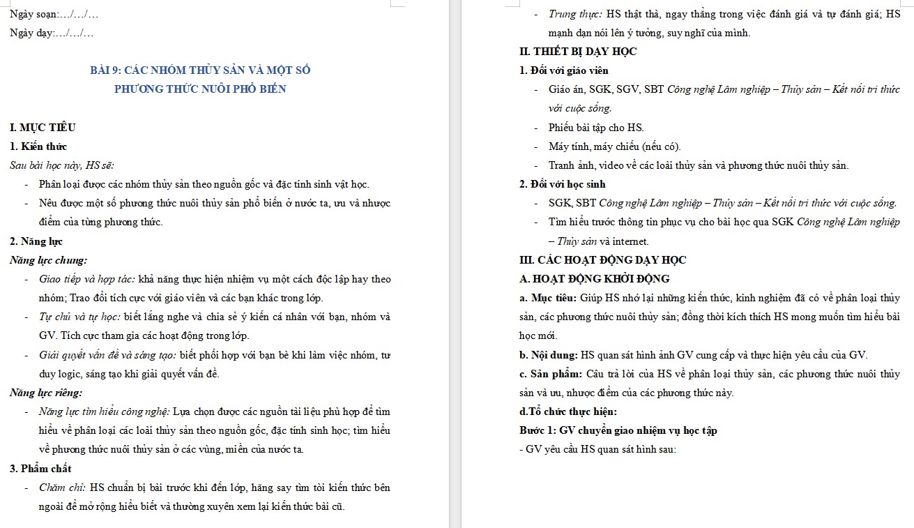 Kế hoạch bài dạy Công nghệ 12 KNTT Bài 9