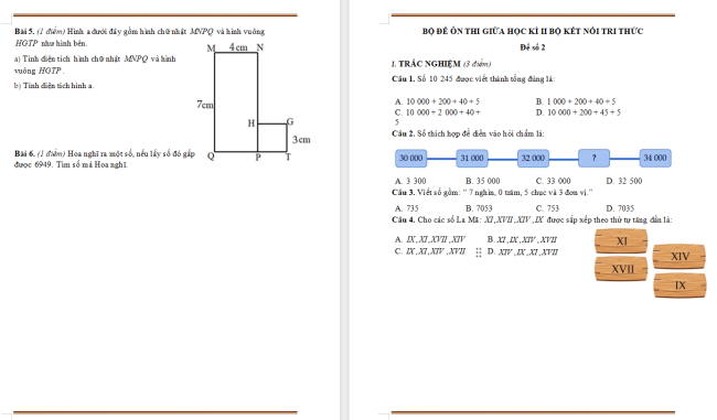 Đề ôn thi giữa học kì 2 môn Toán 3 sách Kết nối tri thức