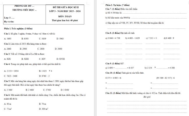 Đề thi giữa học kì 2 môn Toán 3 sách Kết nối tri thức
