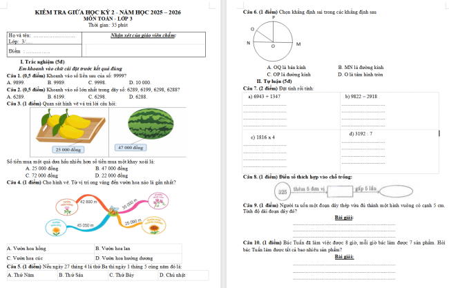 Đề thi giữa học kì 2 môn Toán 3 sách Cánh diều
