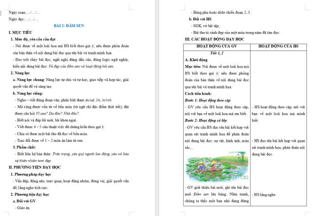 Giáo án Tiếng Việt 2 Bài 2: Đọc Đầm sen