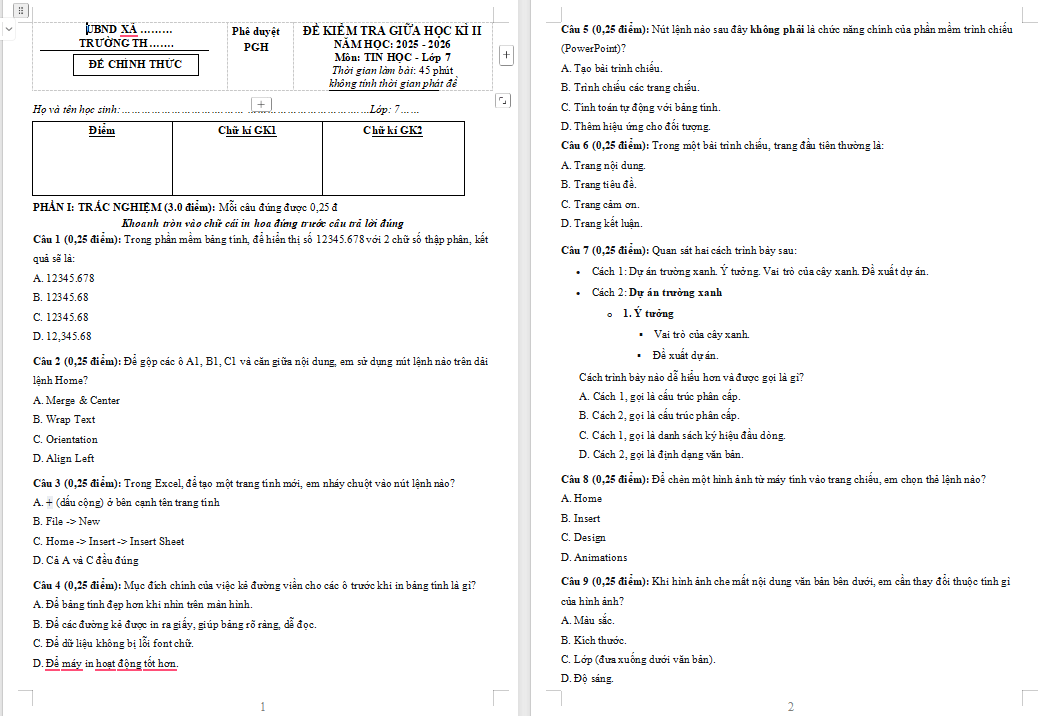 Đề thi giữa học kì 2 Tin học 7