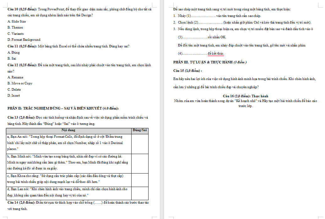 Đề thi giữa học kì 2 Tin học 7