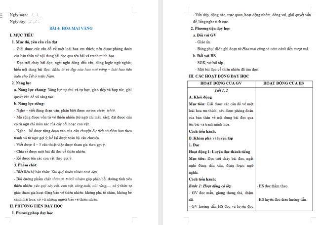 Giáo án Tiếng Việt 2 Bài 4: Đọc Hoa mai vàng