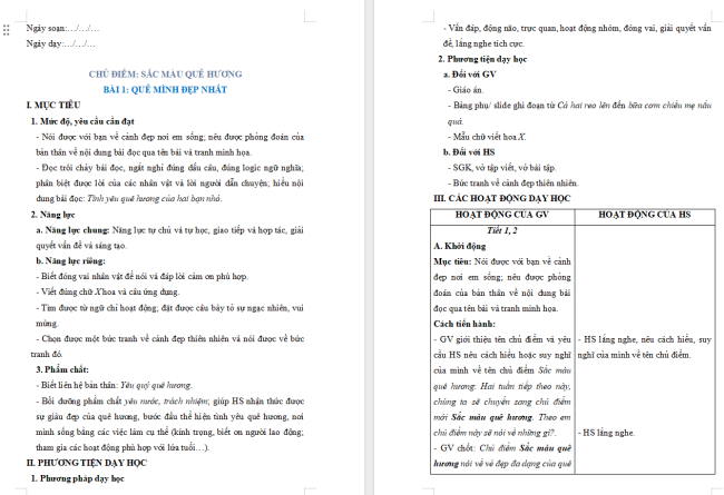 Giáo án Tiếng Việt 2 Bài 1: Đọc Quê mình đẹp nhất