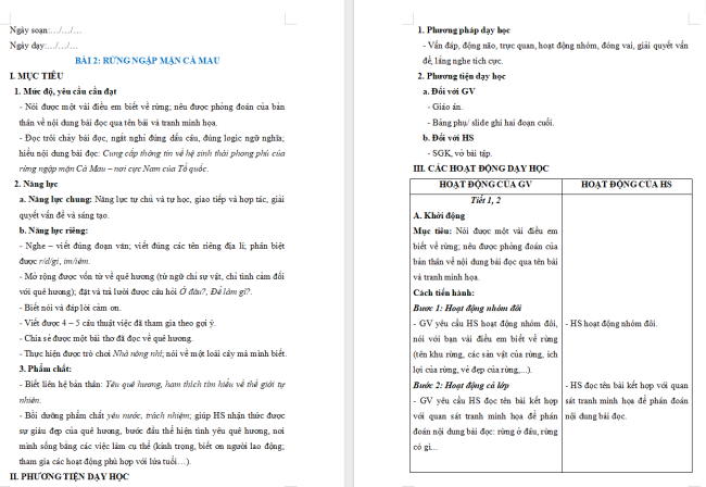 Giáo án Tiếng Việt 2 Bài 2: Nghe - viết Rừng ngập mặn Cà Mau