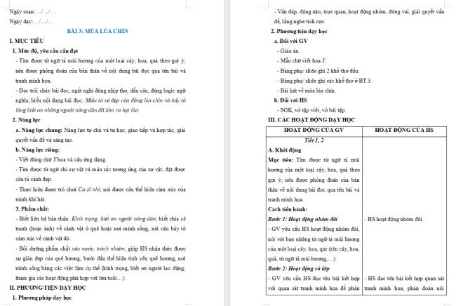 Giáo án Tiếng Việt 2 Bài 3: Đọc Mùa lúa chín