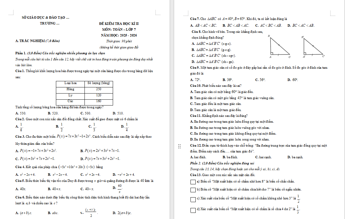 Đề kiểm tra cuối kì 2 Toán 7 Cánh diều 