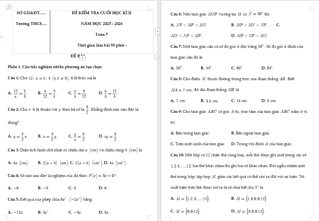 Đề kiểm tra cuối học kì 2 Toán 7 