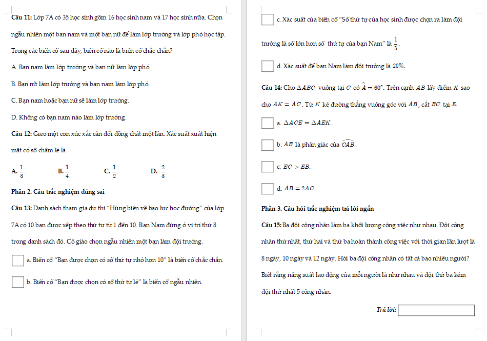 Đề kiểm tra cuối học kì 2 Toán 7 
