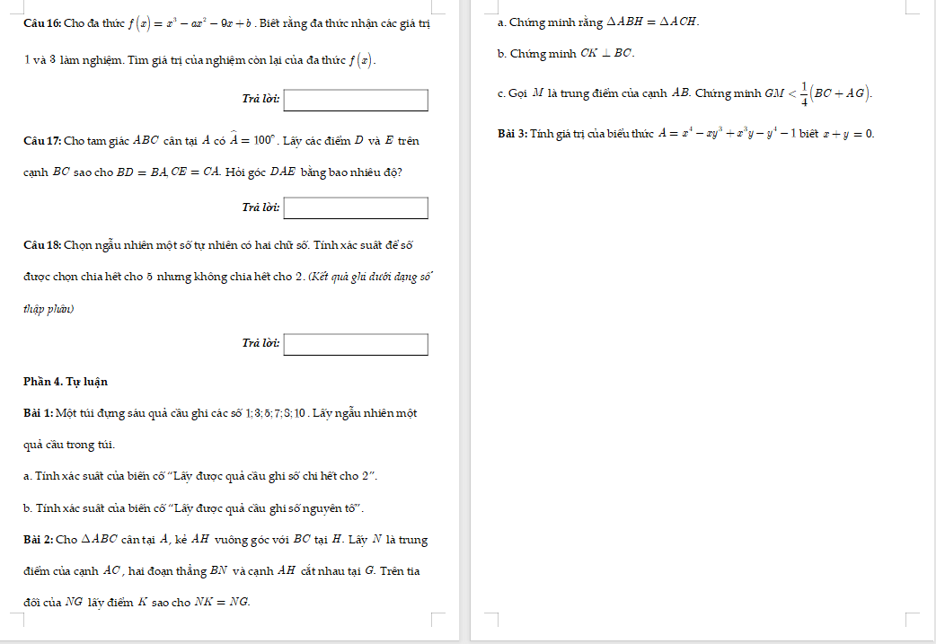 Đề kiểm tra cuối học kì 2 Toán 7 
