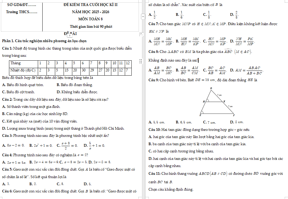 Đề thi cuối kì 2 môn Toán 8 Cánh diều