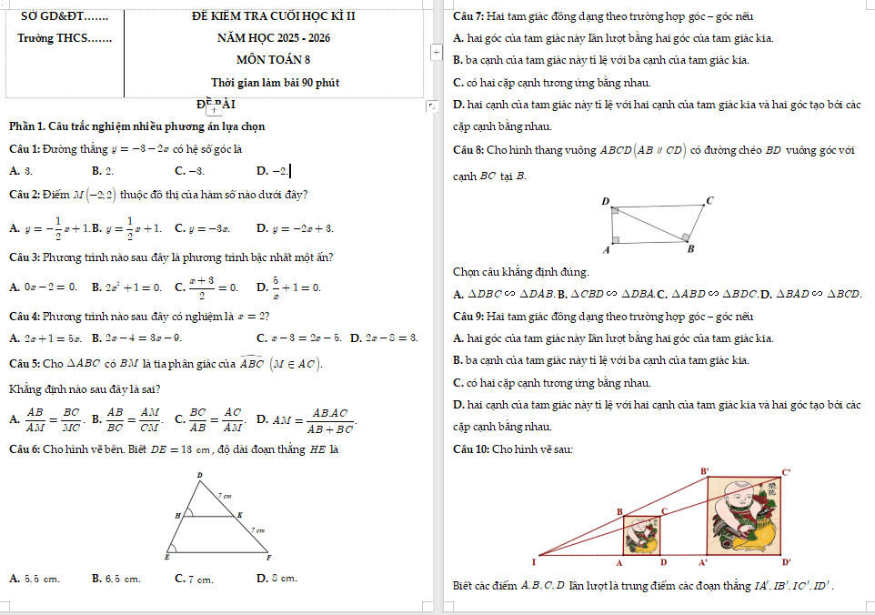 Đề kiểm tra cuối học kì 2Toán 8 Chân trời sáng tạo