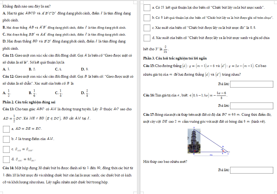 Đề kiểm tra cuối học kì 2Toán 8 Chân trời sáng tạo