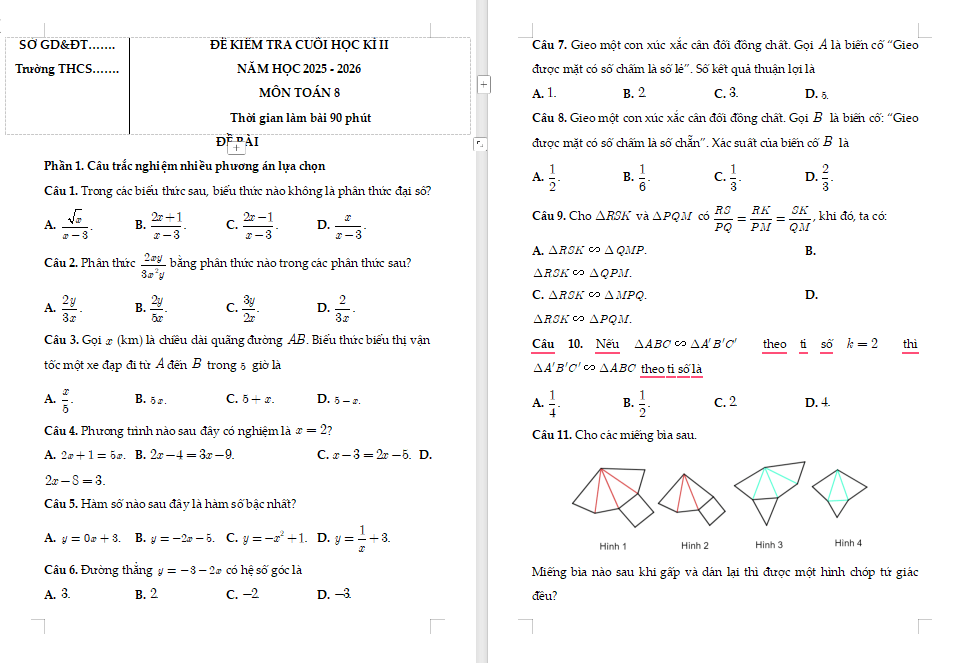  Đề kiểm tra cuối kì 2 Toán 8 Kết nối tri thức 