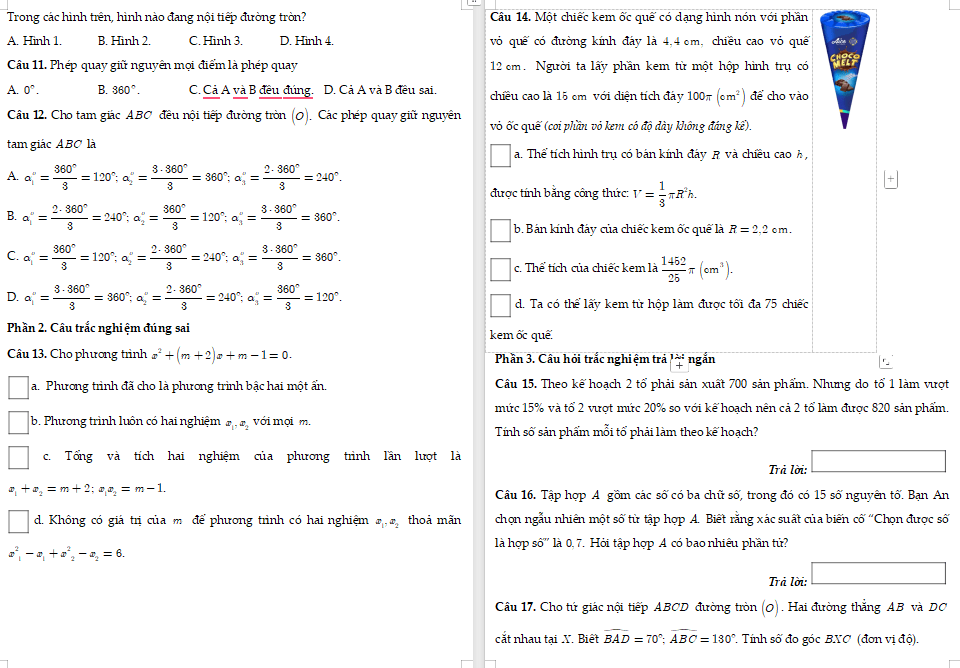 Đề kiểm tra cuối kì 2 Toán lớp 9