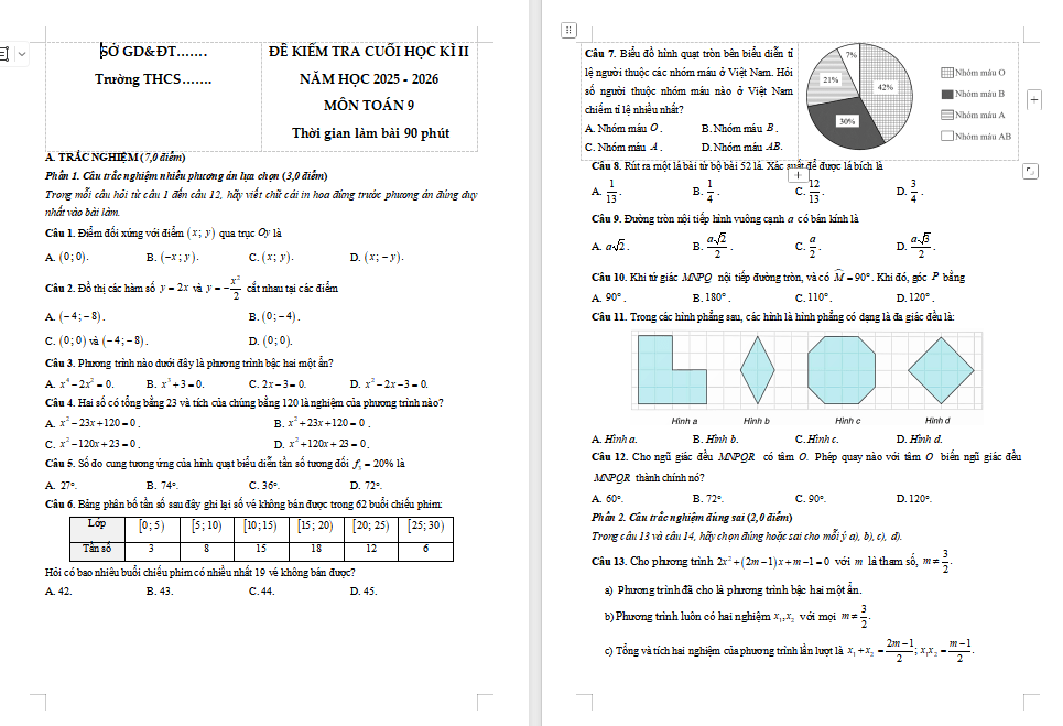 Đề thi cuối học kì 2 Toán 9