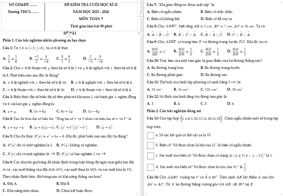 Đề kiểm tra học kì 2 Toán 7