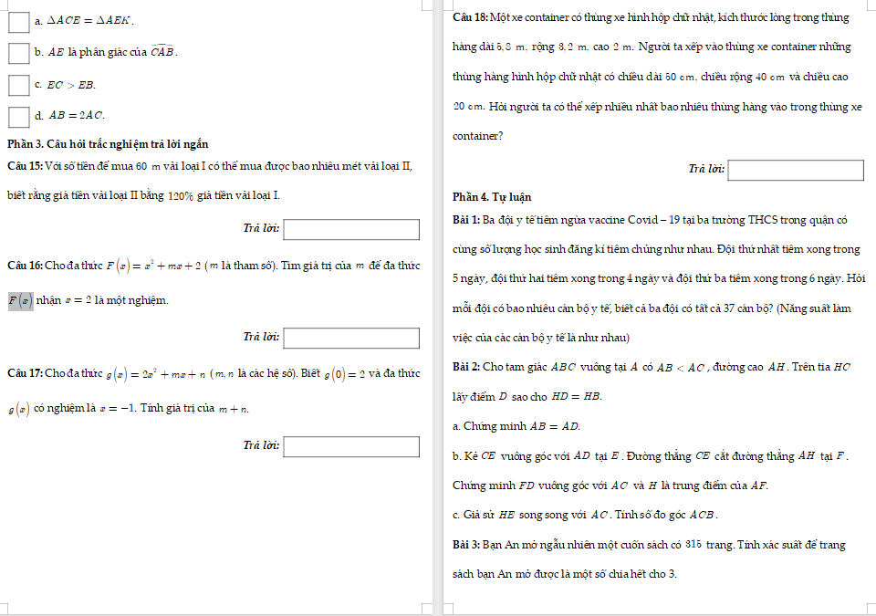 Đề kiểm tra học kì 2 Toán 7