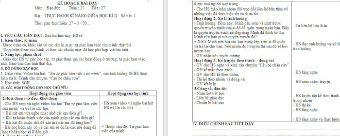 Giáo án Tuần 27: Thực hành kĩ năng giữa Học kì 2