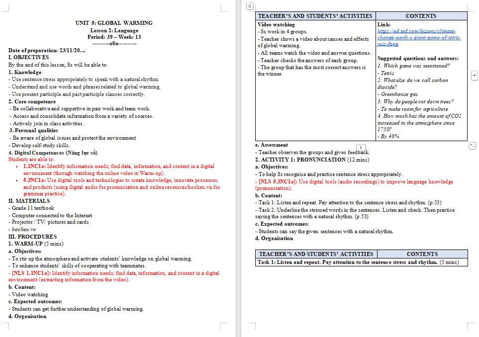 Kế hoạch bài dạy Tiếng Anh 11 Unit 5: Language