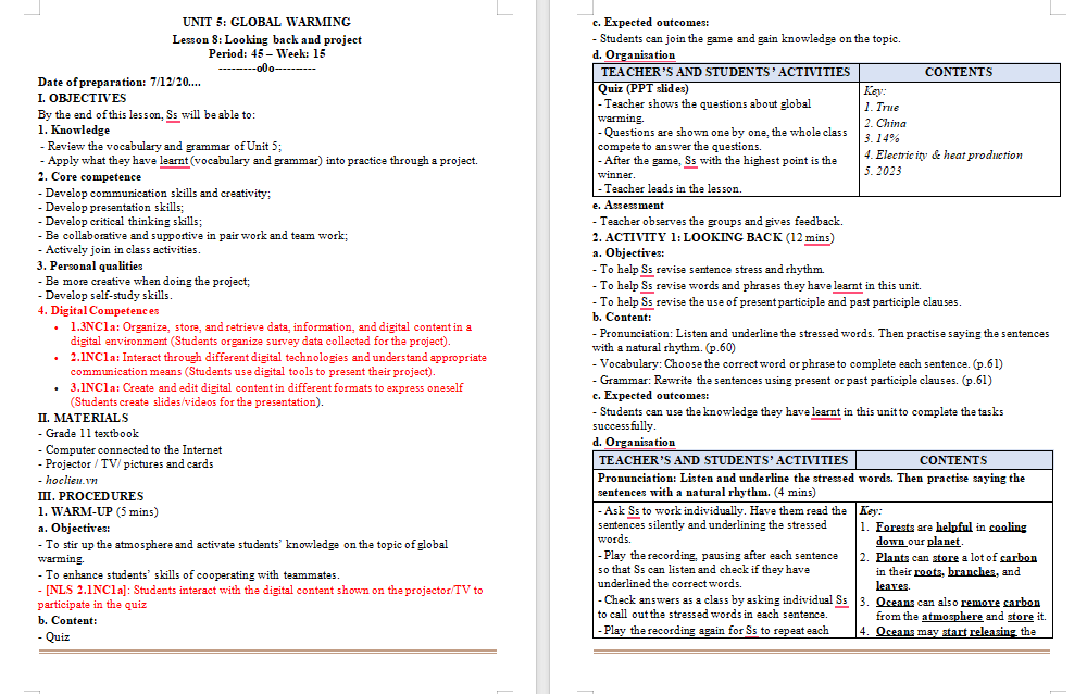 Kế hoạch bài dạy Tiếng Anh 11 Unit 5: Looking Back