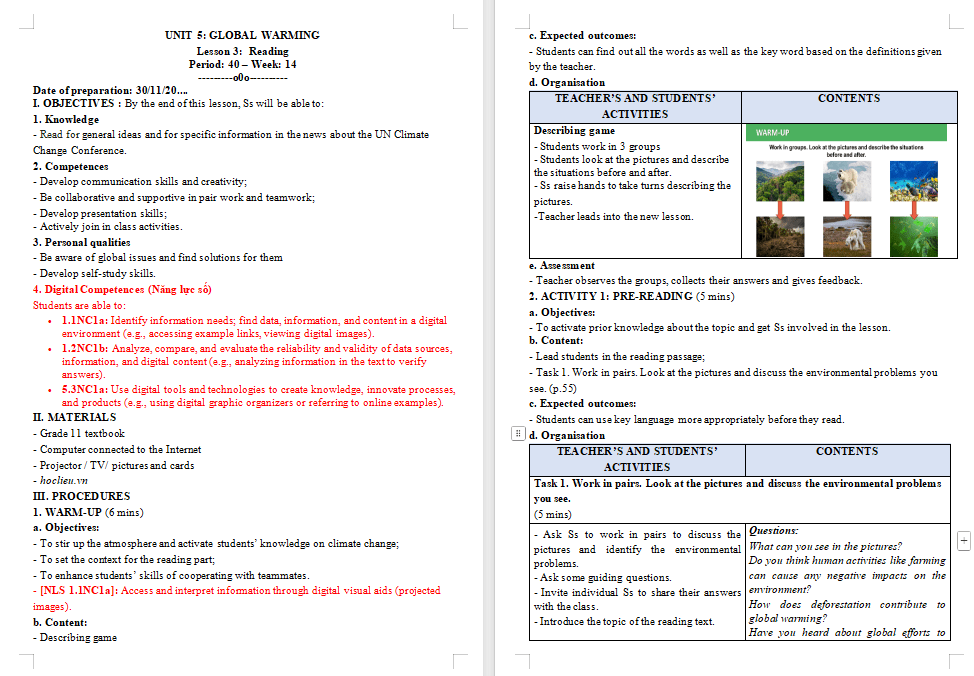 Kế hoạch bài dạy Tiếng Anh 11 Unit 5: Reading