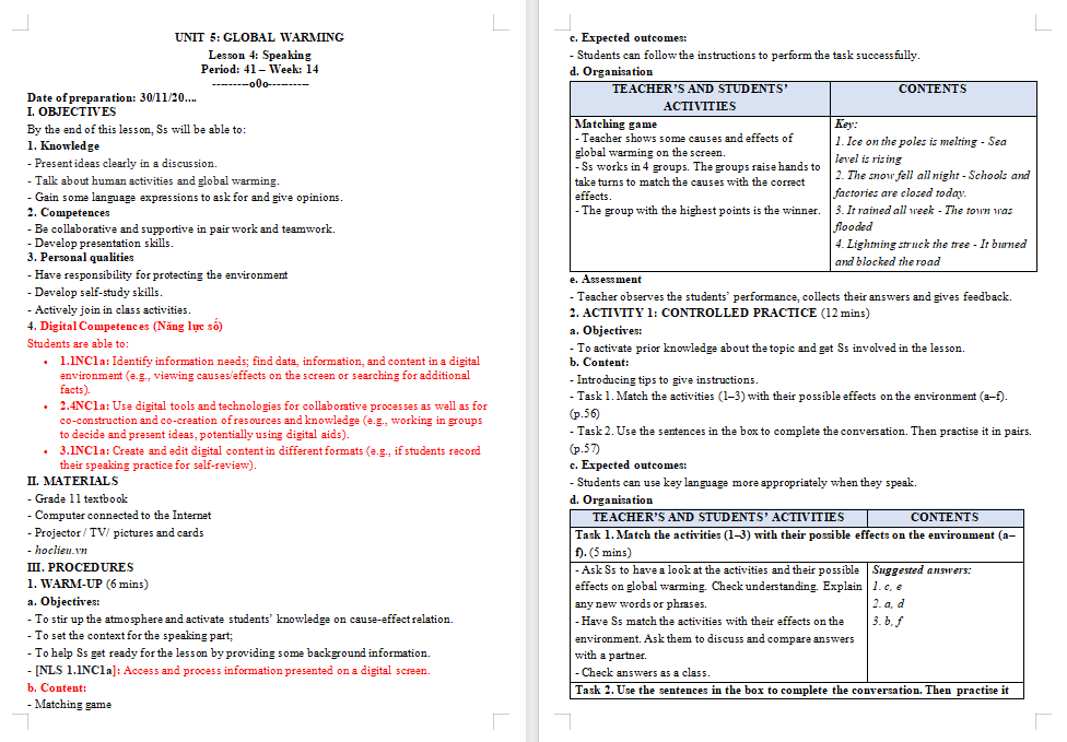 Kế hoạch bài dạy Tiếng Anh 11 Unit 5: Speaking