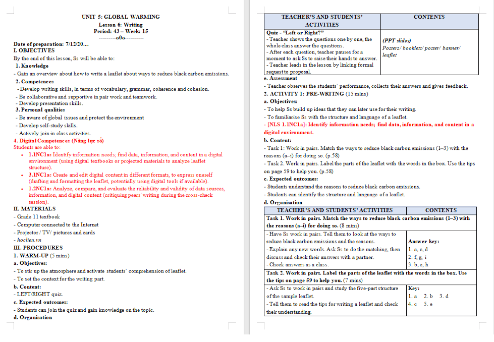 Kế hoạch bài dạy Tiếng Anh 11 Unit 5: Writing