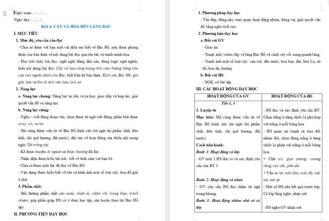 Giáo án Tiếng Việt 2 Bài 4: Mở rộng vốn từ Bác Hồ kính yêu (tiếp theo)