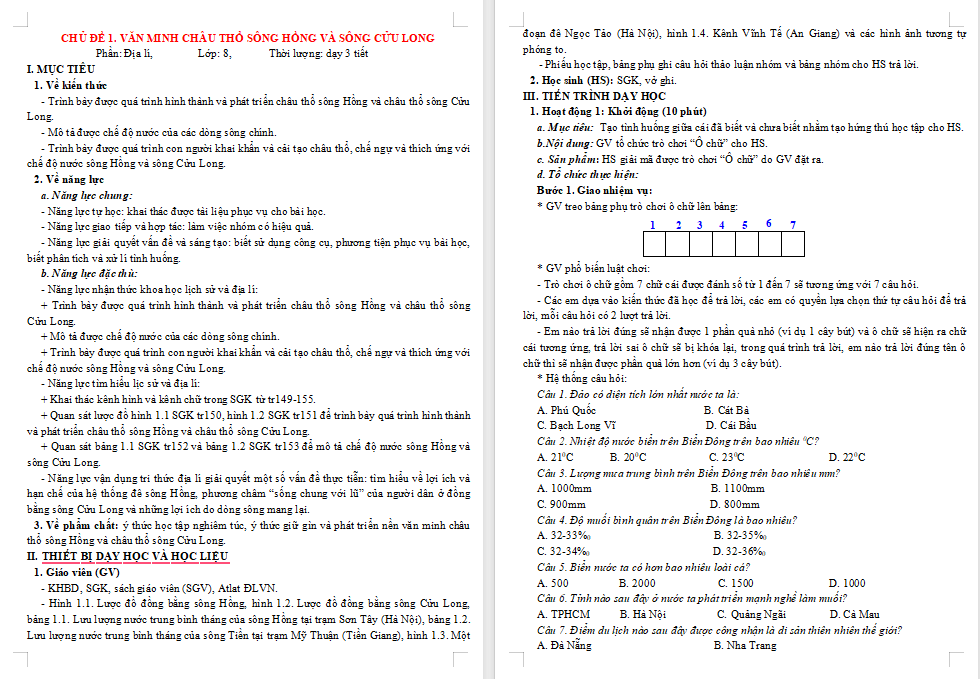 Giáo án Lịch sử và Địa lí 8 Chủ đề 1