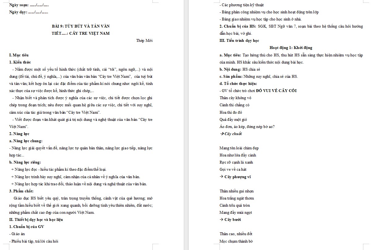 Giáo án Bài Cây tre Việt Nam Ngữ văn 7 Cánh Diều